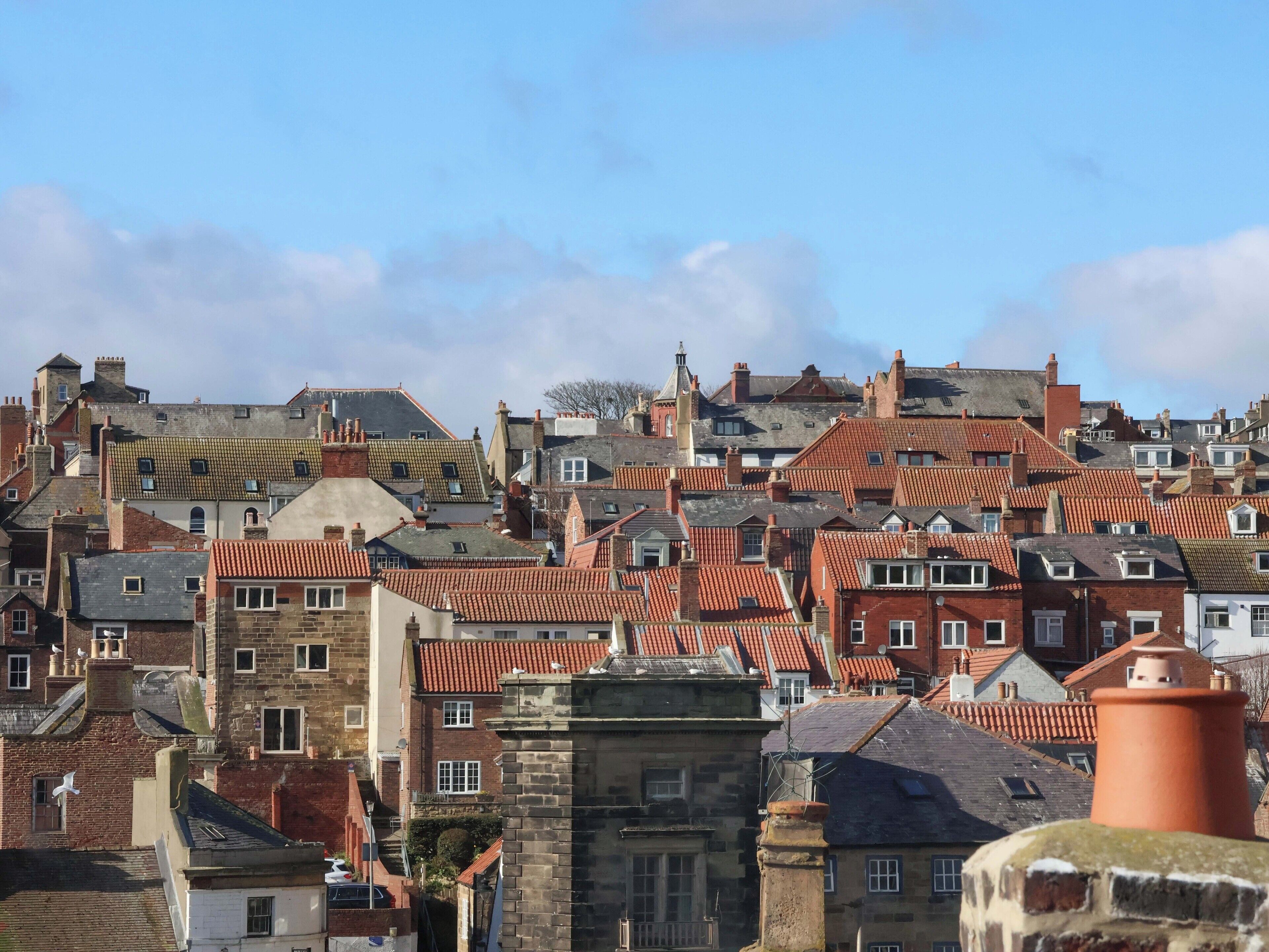 Une zone urbaine densément peuplée, caractérisée par une grande diversité de styles architecturaux et par des toits recouverts de tuiles rouges.