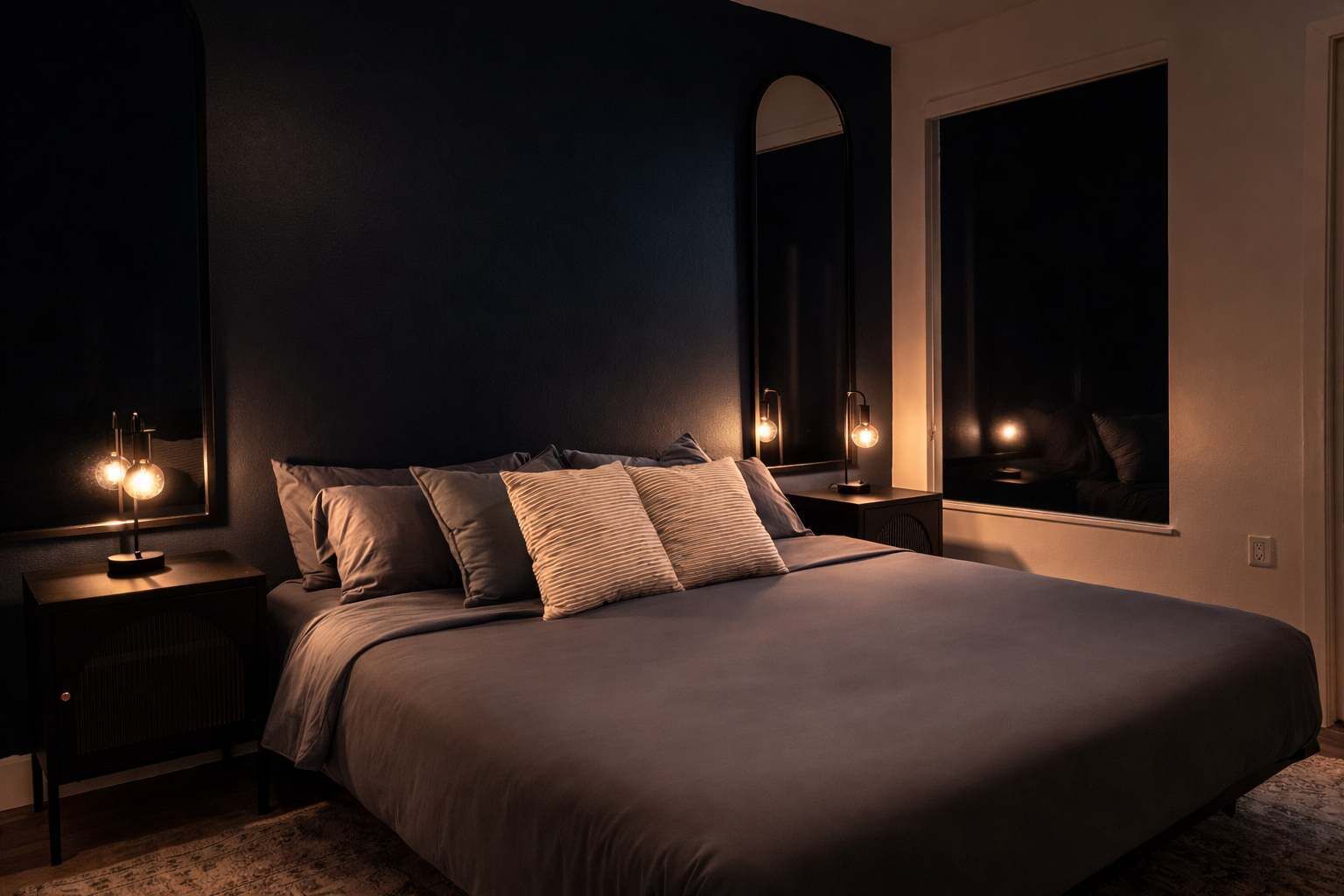 Un dormitorio con una cama grande, dos mesitas de noche con lámparas, un espejo amplio y una ventana.