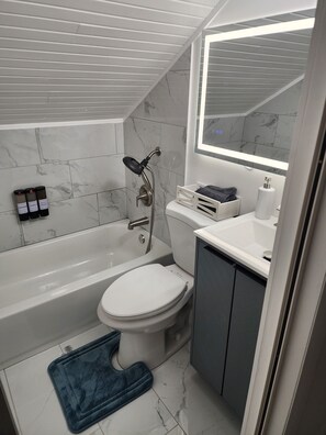 Douche, sèche-cheveux, serviettes fournies, savon