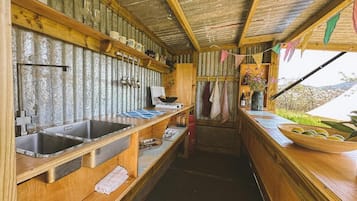 Shared fridge, microwave, freezer, paper towels
