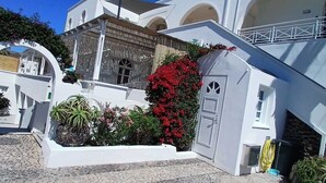 A white building with a stone-paved courtyard, a wooden fence, and a red flowering bush. - Blue Life hotel (Santorini)
