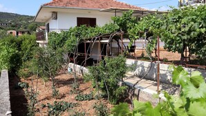 Une maison avec un toit recouvert de tuiles rouges, un jardin où poussent des vignes et un ciel dégagé.