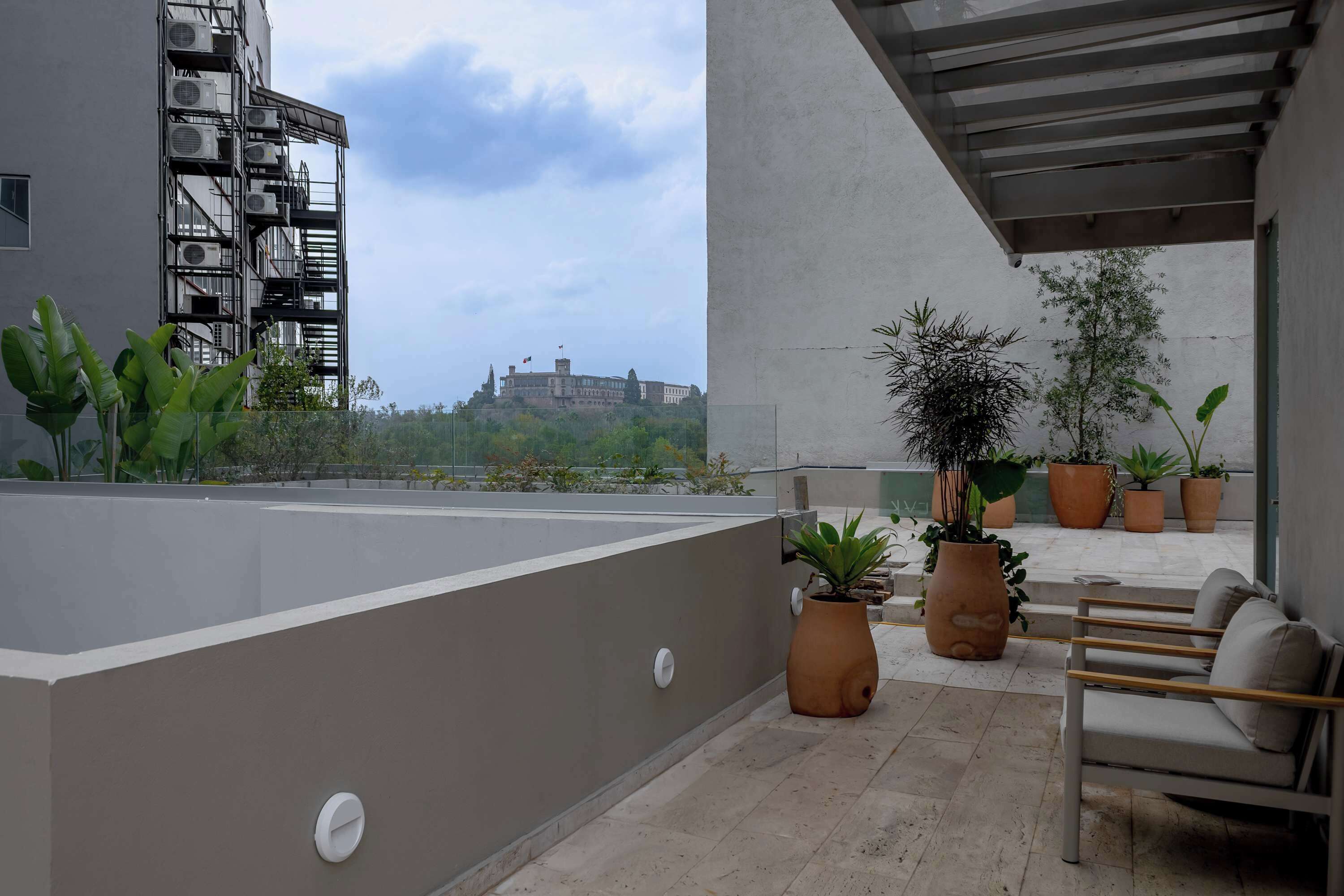 Une terrasse sur le toit agrémentée de plantes en pot, avec un espace salon et une vue sur un bâtiment situé au loin.