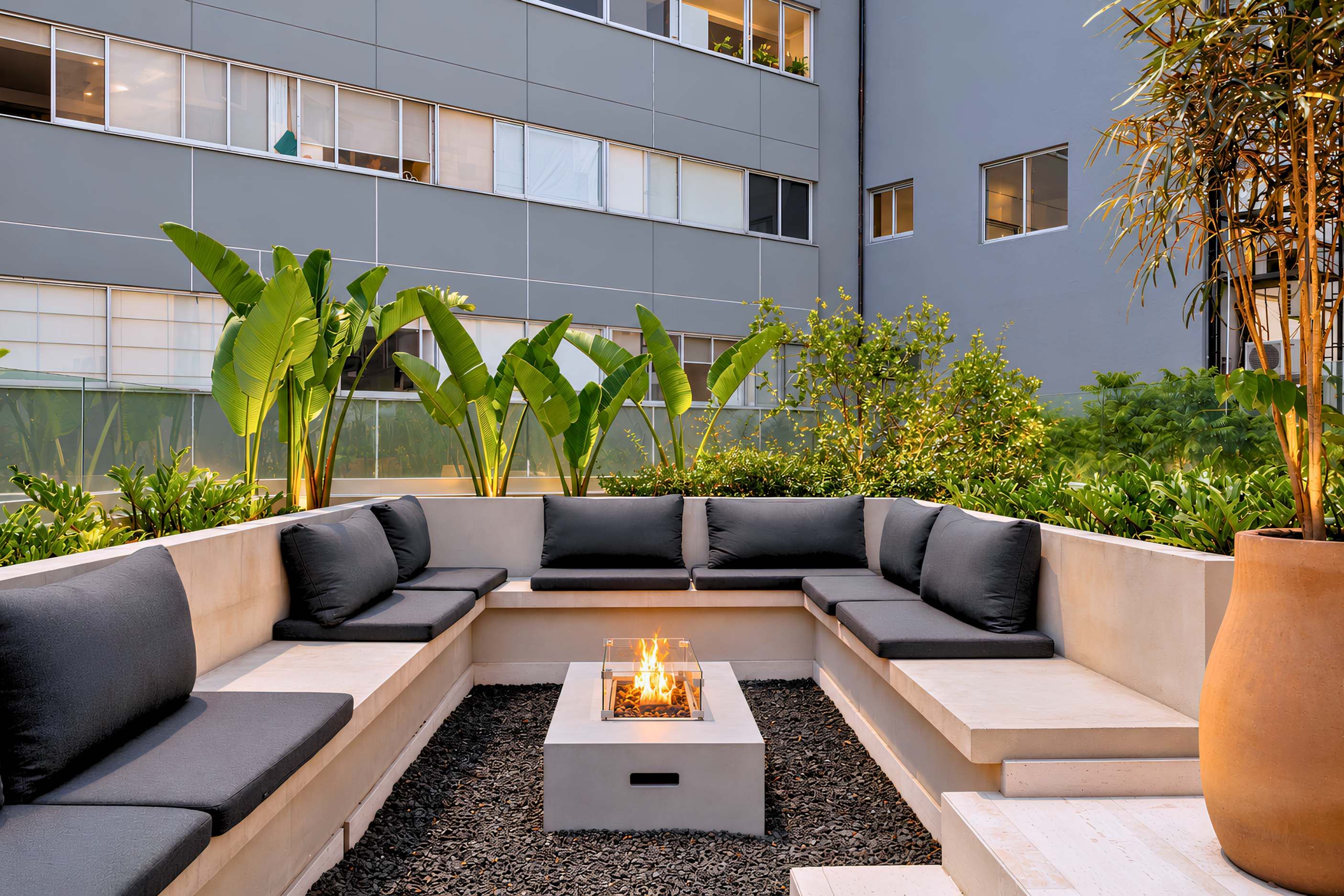 A modern outdoor seating area with a fire pit, surrounded by plants and a building in the background.