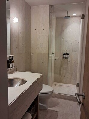 Dusche, Haartrockner, Handtücher, Shampoo