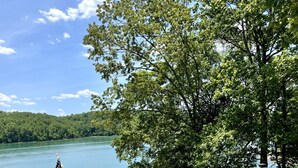 A deck with outdoor furniture overlooking a lake, an American flag, and a forested area. - Poolside Paradise: Lakefront; Private Pool; Dock (LaFollette)