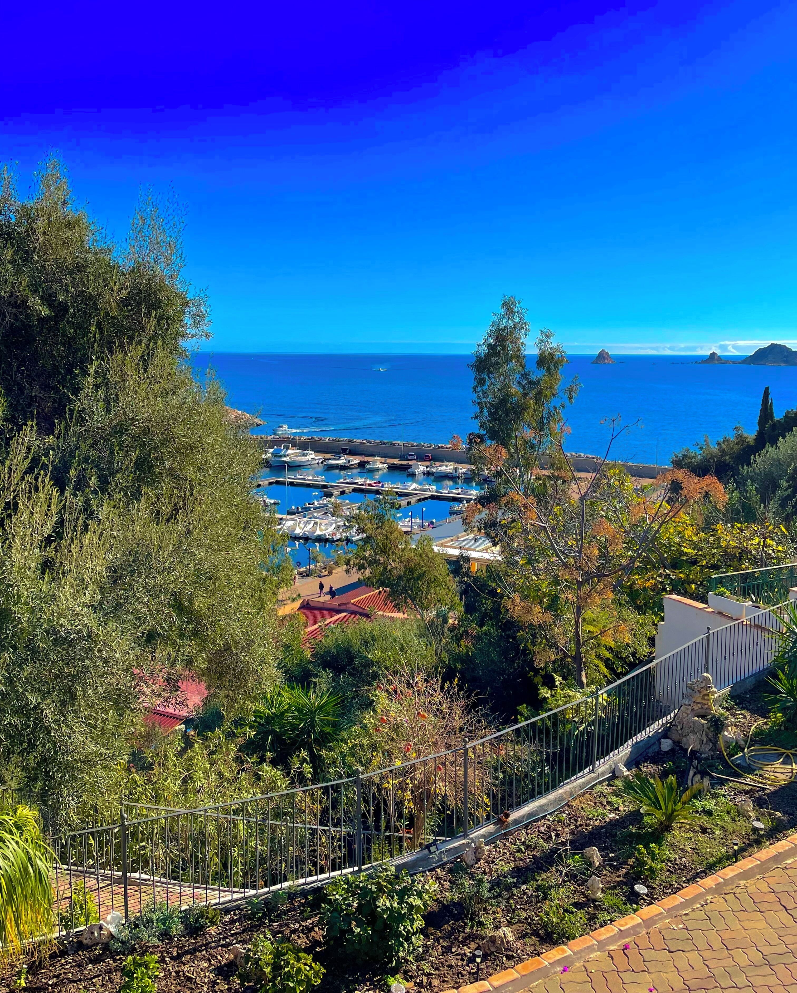 Un puerto costero con barcos amarrados, rodeado de vegetación y un cielo azul despejado.