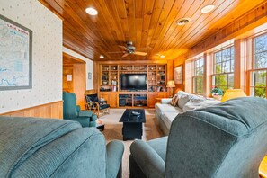 Fernseher, Kamin, DVD-Player, Bücher