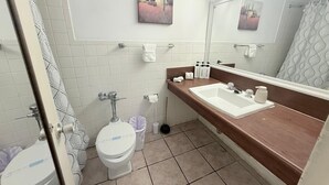 Une salle de bain avec des toilettes blanches, un lavabo avec un miroir et deux tableaux accrochés au mur.