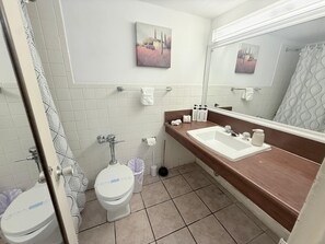 Ein Badezimmer mit Toilette, Waschbecken mit Spiegel und zwei Bildern an der Wand.