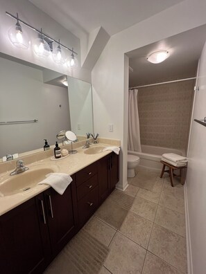 Hair dryer, towels, toilet paper