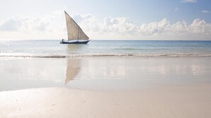 Un voilier sur une étendue d’eau calme, près d’une plage de sable.