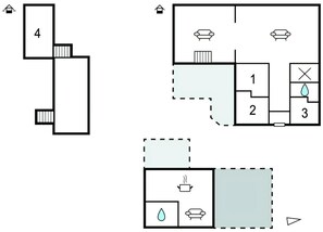 Un plan dâĂ©tage comprenant quatre piĂšces numĂ©rotĂ©es, une salle de bain et un espace cuisine.