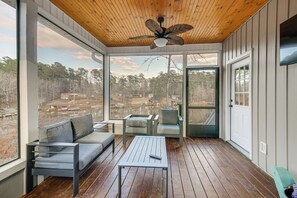 TV, fireplace - Lakefront Getaway w/ Boat Slip & Dock in Sparta! (Sparta)