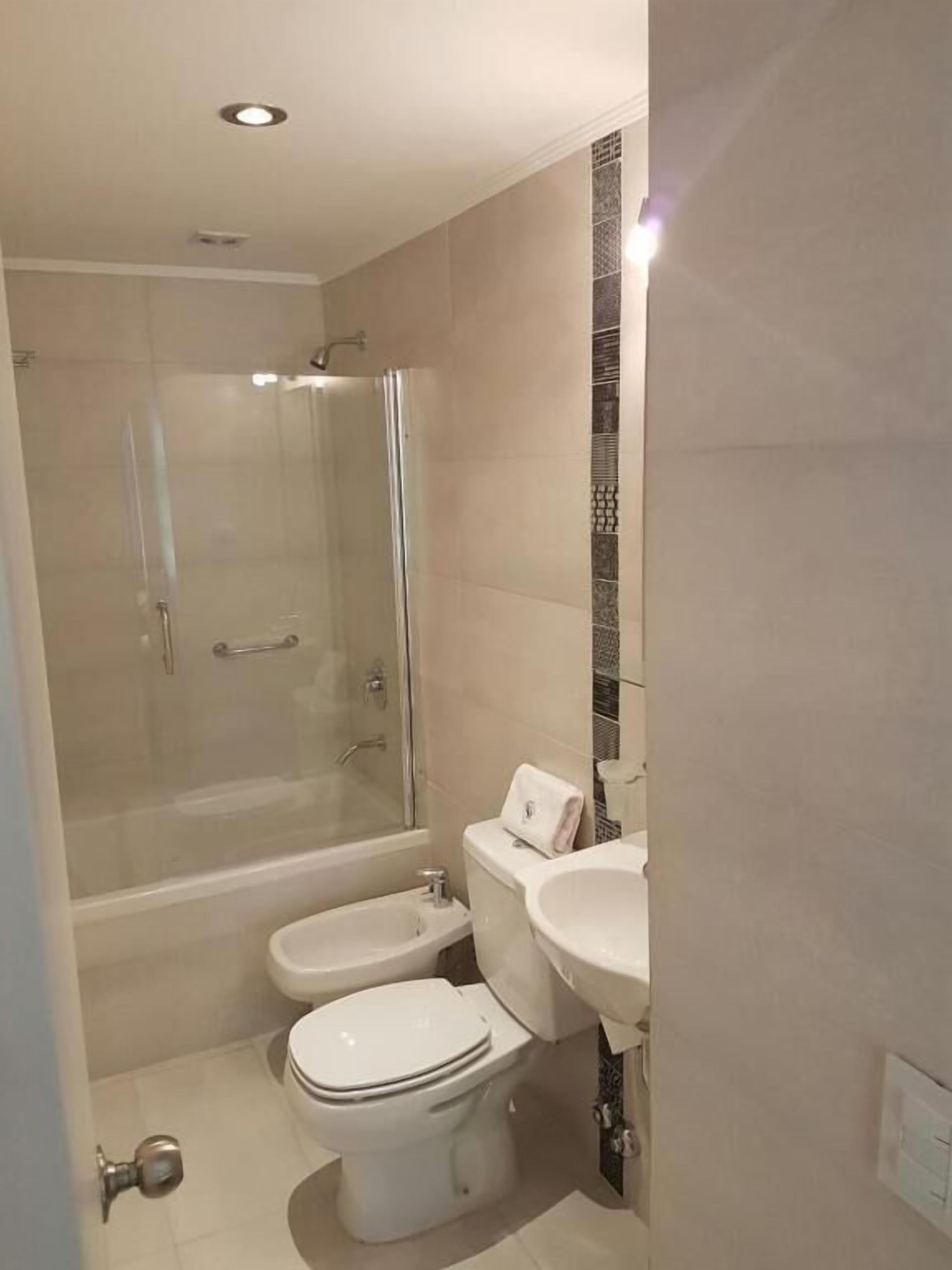 Shower, free toiletries, hair dryer, towels