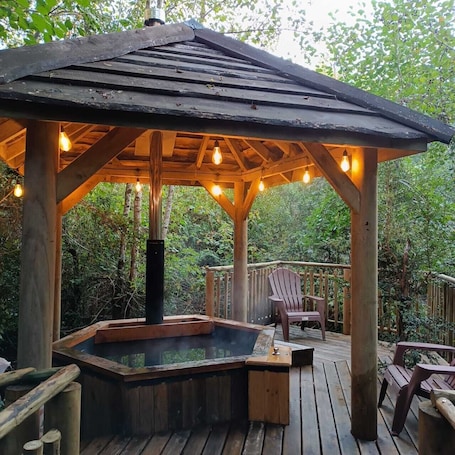 Outdoor spa tub. Dome in green Patagonia with view and access to the Petrohue River, Tinas Calientes.