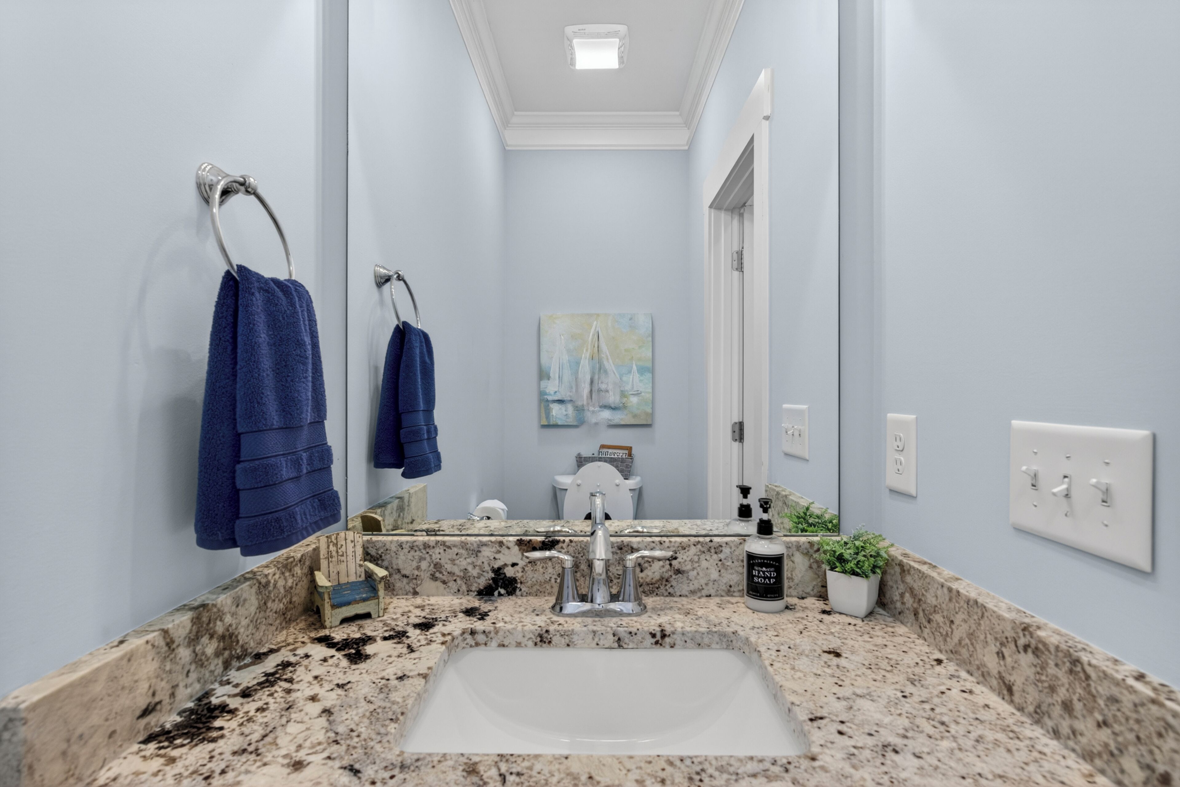 A bathroom with a marble sink, two towels hanging on towel rings, a painting on the wall, and a small potted plant.