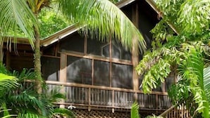 A wooden house surrounded by lush greenery and a small stream.