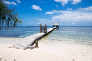 A wooden pier leading to a thatched-roof structure on a clear day. - Milton 2 Br Quiet Beachfront Pool Dock (José Santos Guardiola)