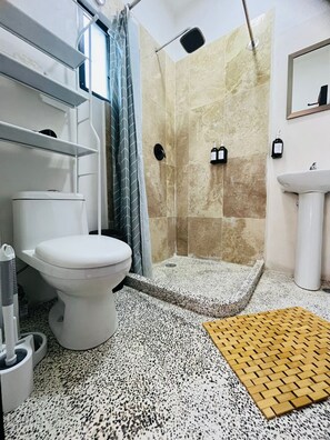 Hair dryer, towels, soap, shampoo