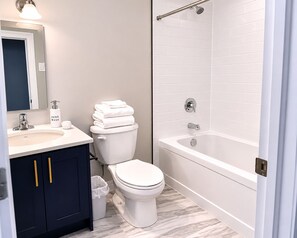 Shower, towels, soap, toilet paper