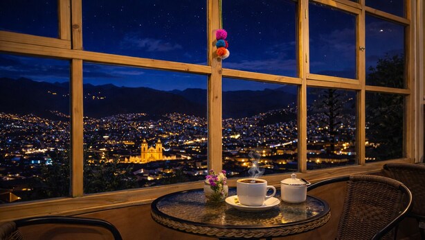 Una camera accogliente con un tavolo rotondo, due sedie in vimini e una finestra con vista sulla città di notte.