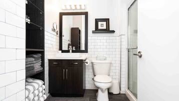 Hair dryer, towels, soap, shampoo