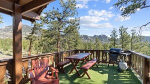 Eine Holzterrasse mit Picknicktischen und Grill, umgeben von Bäumen und Bergen.