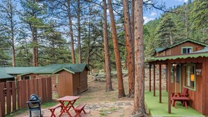 A rustic cabin with a picnic table and a lantern, surrounded by tall trees. - Machin's Cottage #7 is calling! Pet Friendly (Estes Park)