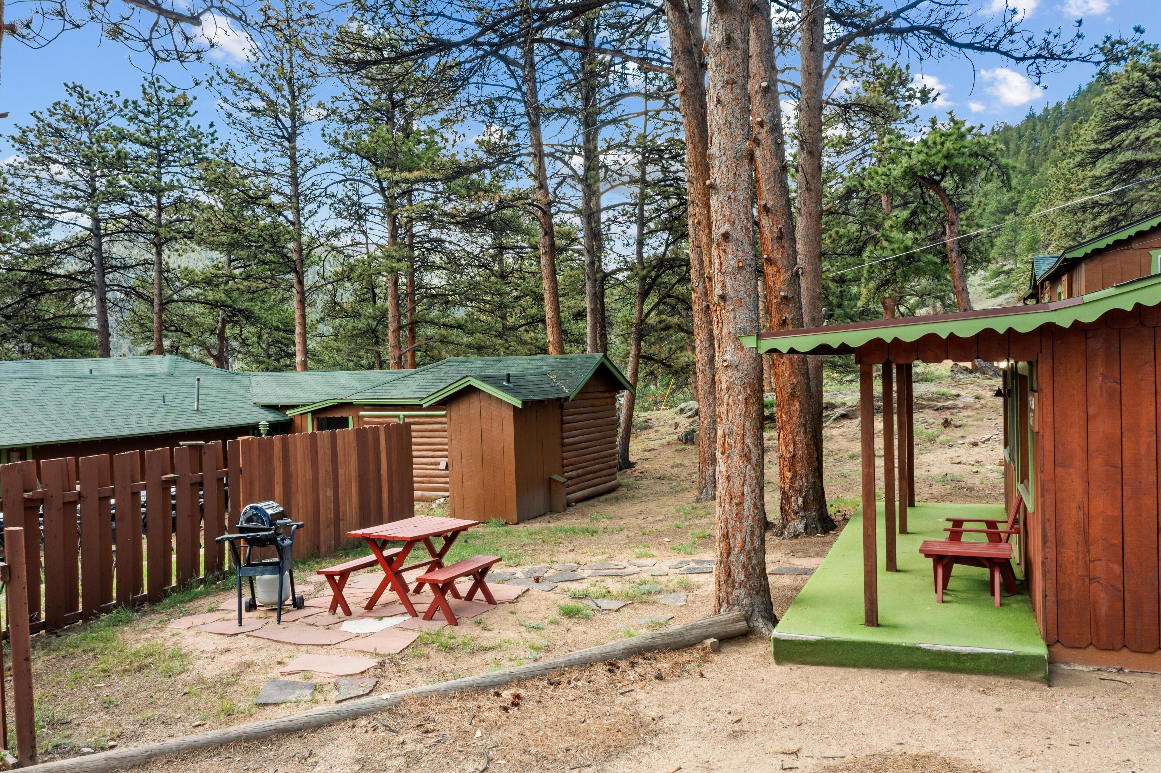 Eine rustikale Holzhütte mit Picknicktisch und Grill.