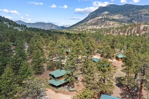 A forested area with cabins, a dirt path, and mountains in the background.
