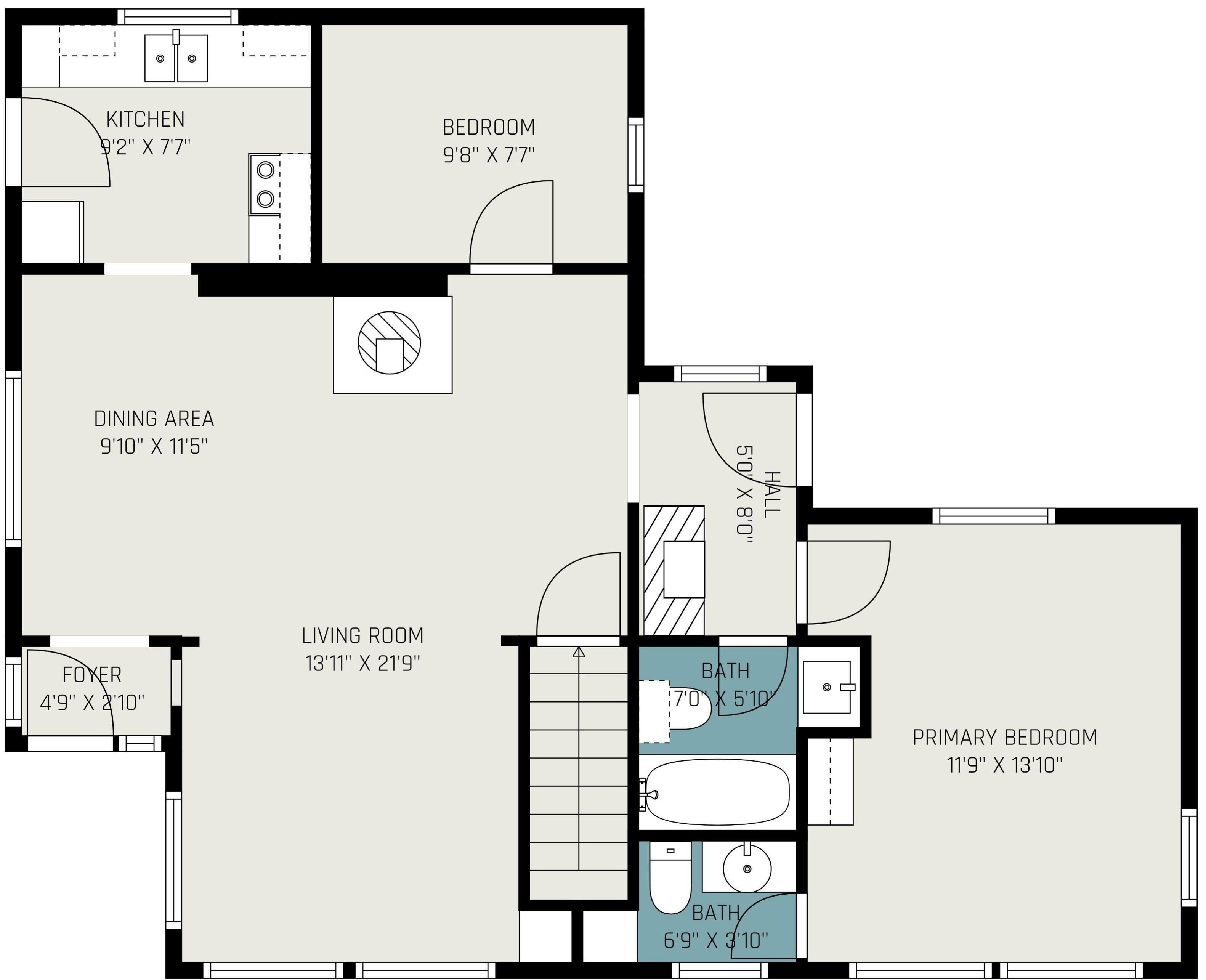 Plano de planta que muestra una cocina de 2,80 metros por 2,30 metros, un dormitorio de 2,95 metros por 2,30 metros, una zona de comedor de 2,95 metros por 3,50 metros, un salón de 4,25 metros por 6,60 metros, un vestíbulo de 1,20 metros por 0,90 metros, un pasillo de 1,50 metros por 2,40 metros, un dormitorio principal de 3,60 metros por 4,25 metros, y dos baños de 2,15 metros por 1,75 metros y 2,10 metros por 0,95 metros.