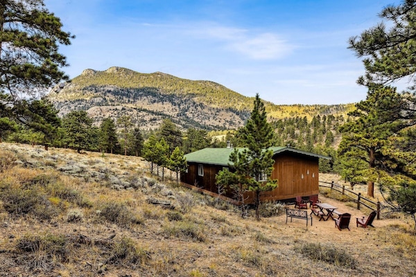 Cabin retreat surrounded by towering pines and mountain views
