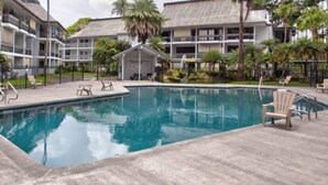 Ein Pool mit Liegestühlen und Palmen, umgeben von einem Gebäude mit mehreren Balkonen.