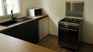 Cocina equipada con lavaplatos, microondas, horno, lavabo e iluminación colgante.
