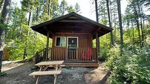 Una cabaña de madera con un porche, una mesa de picnic y una puerta.
