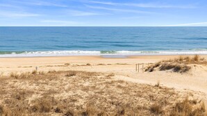 Ein Strand mit blauem Himmel und ruhiger See.