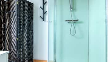 Shower, eco-friendly toiletries, hair dryer, towels