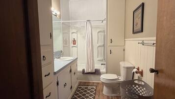 Hair dryer, towels, soap, toilet paper