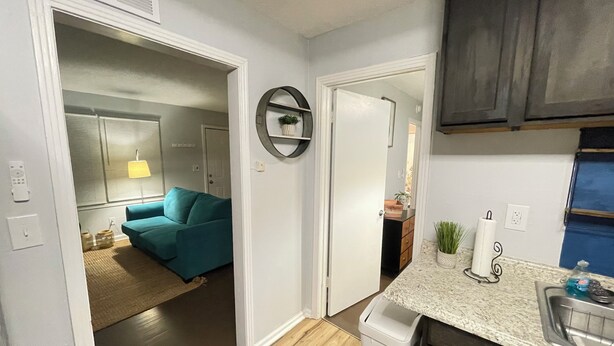A compact kitchen with a countertop, sink, and cabinets. A hallway leads to a living area with a blue couch and a lamp. - Deck the Halls (Clarksville)