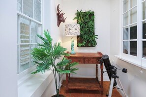 Ein Eckzimmer mit einem Holztisch, einem Teleskop, einem dekorativen Hirschgeweih, einer gemusterten Lampe und einer an der Wand befestigten Pflanze.