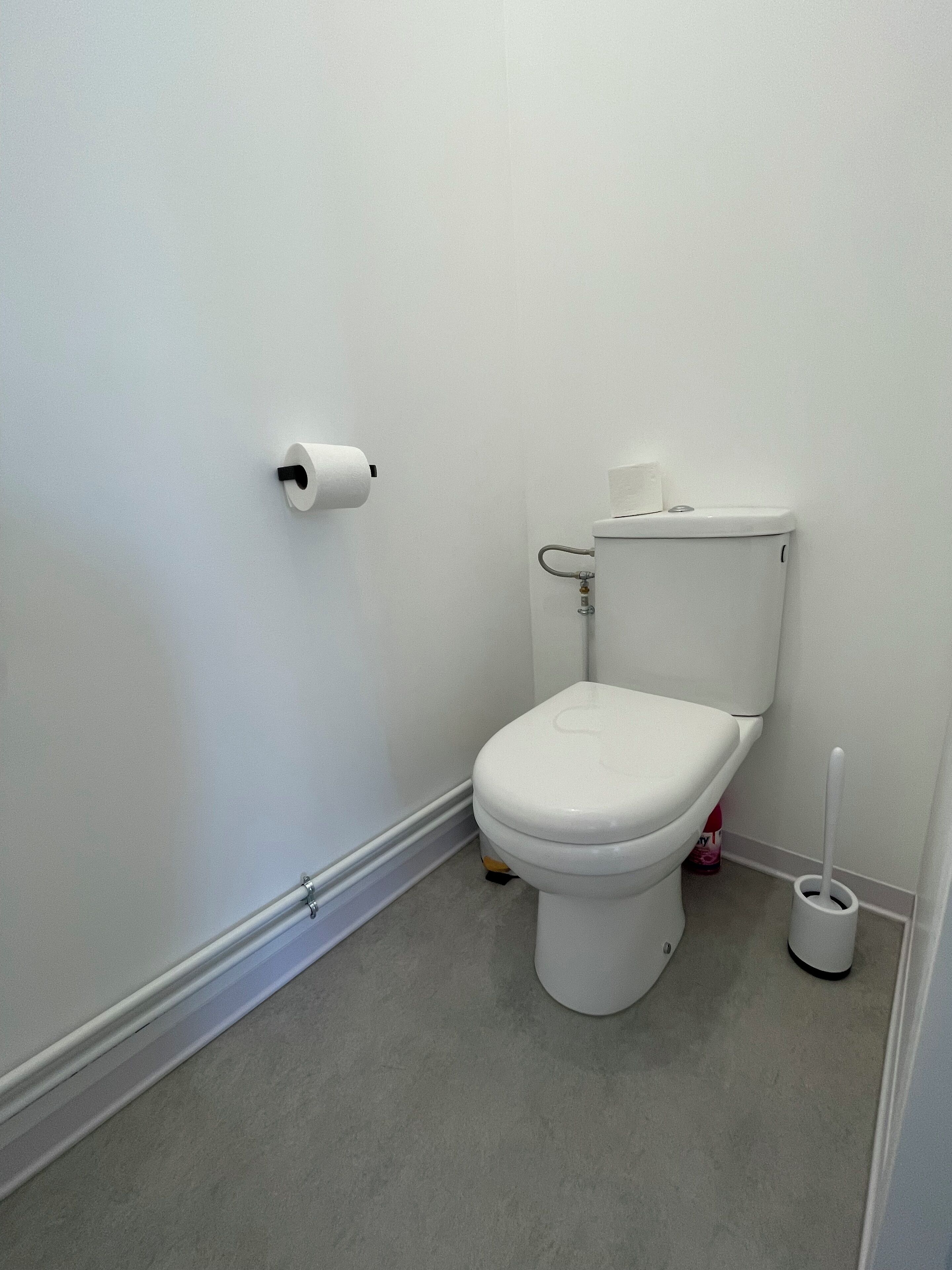 De petites toilettes blanches, de modèle standard, avec un porte-rouleau de papier toilette fixé au mur, un accessoire de type bidet et une brosse pour les toilettes.