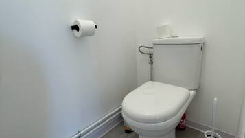 De petites toilettes blanches, de modèle standard, avec un porte-rouleau de papier toilette fixé au mur, un accessoire de type bidet et une brosse pour les toilettes.