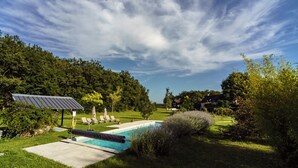 Een zwembad met een omliggend terras, een overdekte patio en een weelderig groen landschap.