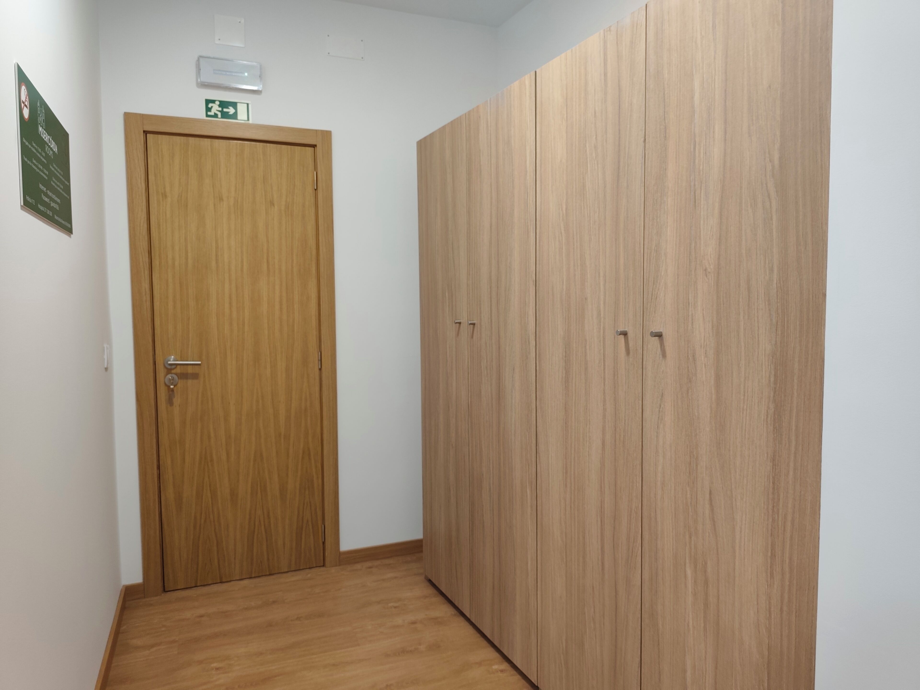 A hallway with a wooden door and a large wardrobe.