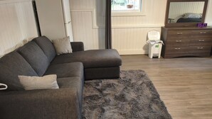 A living room with a sectional sofa, a fluffy rug, a wooden dresser, a mirror, and a window with a view. - East Vancouver Bachelor Basement Suite. Pet Friendly - No Fee. Next to Transit. (Vancouver)