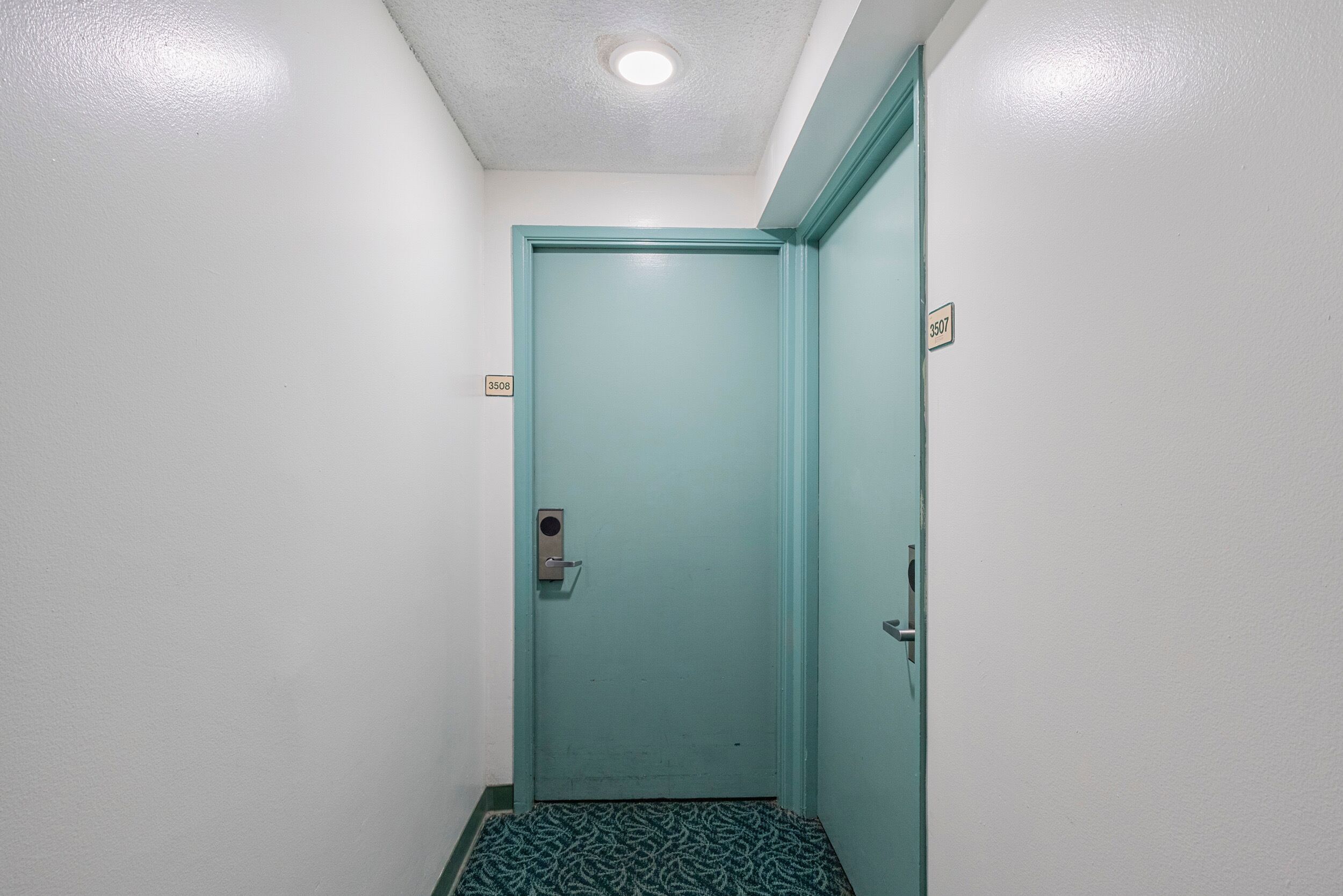 Un pasillo estrecho con una puerta azul turquesa, un suelo estampado y una lámpara en el techo.