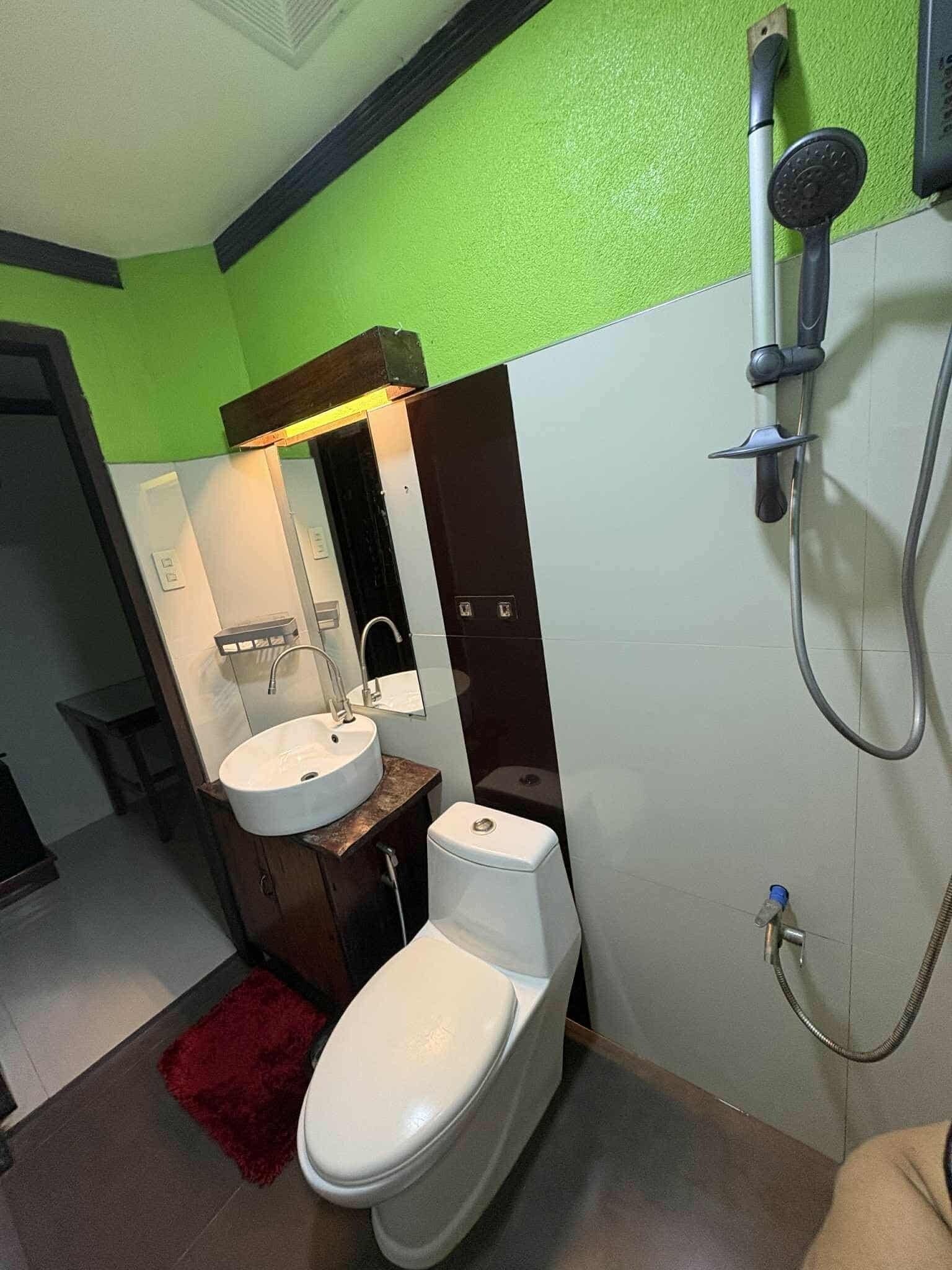 A bathroom with a toilet, sink, and shower.