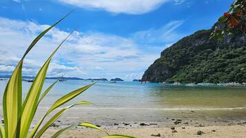 Trên bãi biển, cát trắng