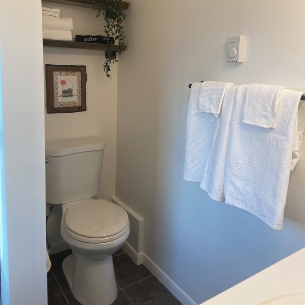 A bathroom with a toilet, a shelf with folded towels, a framed picture, and a wall-mounted towel rack. - Cozy 1-bedroom apartment in quaint Minneapolis neighborhood (Minneapolis)